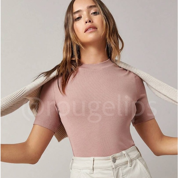 Dusty Pink Rib-Knit High Neck Short Sleeve Slim Fit Top Shirt - Picture 1 of 8